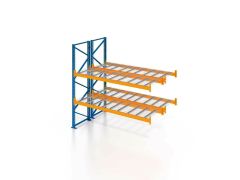 Palettenregal, Doppelregal, Anbauregal mit Drahtgitterboden, 3 Lagerebenen, H4500xB1825xT2x1100 mm, Fachlast 3800 kg, 12 Palettenplätze, Rahmen blau, Traverse orange