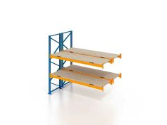 Palettenregal, Doppelregal, Anbauregal mit Spanplatten, 3 Lagerebenen, H4500xB1825xT2x1100 mm, Fachlast 3800 kg, 12 Palettenplätze, Rahmen blau, Traverse orange