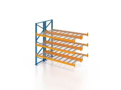 Palettenregal, Doppelregal, Anbauregal mit Drahtgitterboden, 4 Lagerebenen, H6000xB1825xT2x1100 mm, Fachlast 3800 kg, 16 Palettenplätze, Rahmen blau, Traverse orange