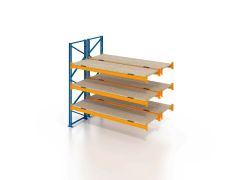 Palettenregal, Doppelregal, Anbauregal mit Spanplatten, 4 Lagerebenen, H6000xB1825xT2x1100 mm, Fachlast 3800 kg, 16 Palettenplätze, Rahmen blau, Traverse orange