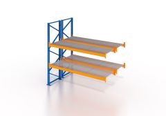 Palettenregal, Doppelregal, Anbauregal mit Gitterrost 500 kg/m² Traglast, 3 Lagerebenen, H4500xB1825xT2x1100 mm, Fachlast 3800 kg, 12 Palettenplätze, Rahmen blau, Traverse orange