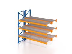 Palettenregal, Doppelregal, Anbauregal mit Gitterrost 500 kg/m² Traglast, 4 Lagerebenen, H6000xB1825xT2x1100 mm, Fachlast 3800 kg, 16 Palettenplätze, Rahmen blau, Traverse orange