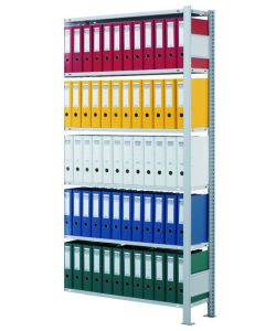 Büroregal, Anbaufeld, Stecksystem - einseitig nutzbar mit Anschlagleiste, H2300xB1300xT300 mm, RAL 7035 lichtgrau