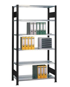 Büroregal, Grundfeld, Stecksystem - beidseitig nutzbar mit Mittelanschlag, H2000xB1300xT600 mm, schwarz / RAL 7035 lichtgrau