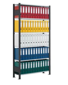 Büroregal, Grundfeld, Stecksystem - einseitig nutzbar mit Anschlagleiste, H2300xB1300xT300 mm, schwarz / RAL 7035 lichtgrau