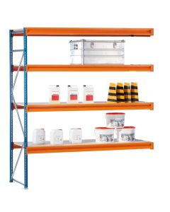 Weitspannregal W 100, Anbaufeld mit Stahlpaneele,  H2000xB1785xT600 mm, blau / orange / verzinkt