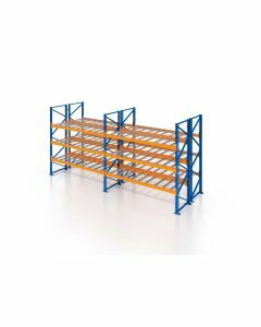 Palettenregal, Doppelregal mit Gitterboden, 4 Lagerebenen, H4000xB3950xT2x1100 mm, Fachlast 3000 kg, 32 Palettenplätze, Rahmen blau, Traverse orange