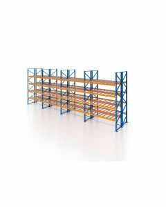 Palettenregal, Doppelregal mit Gitterboden, 5 Lagerebenen, H4000xB9550xT2x1100 mm, Fachlast 3000 kg, 100 Palettenplätze, Rahmen blau, Traverse orange
