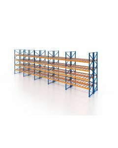 Palettenregal, Doppelregal mit Gitterboden, 5 Lagerebenen, H4000xB12350xT2x1100 mm, Fachlast 3000 kg, 130 Palettenplätze, Rahmen blau, Traverse orange