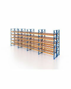 Palettenregal, Doppelregal mit Gitterboden, 6 Lagerebenen, H4000xB9550xT2x1100 mm, Fachlast 3000 kg, 120 Palettenplätze, Rahmen blau, Traverse orange