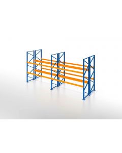 Palettenregal, Doppelregal, 3 Lagerebenen, H3000xB7500xT2x1100 mm, Fachlast 4700 kg, 48 Palettenplätze, Rahmen blau, Traverse orange