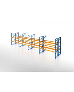 Palettenregal, Doppelregal, 3 Lagerebenen, H5500xB9550xT2x1100 mm, Fachlast 3000 kg, 60 Palettenplätze, Rahmen blau, Traverse orange