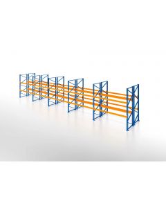 Palettenregal, Doppelregal, 3 Lagerebenen, H2500xB12350xT2x1100 mm, Fachlast 3000 kg, 78 Palettenplätze, Rahmen blau, Traverse orange