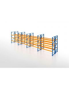 Palettenregal, Doppelregal, 4 Lagerebenen, H2500xB9550xT2x1100 mm, Fachlast 3000 kg, 80 Palettenplätze, Rahmen blau, Traverse orange