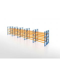 Palettenregal, Doppelregal, 4 Lagerebenen, H2500xB12350xT2x1100 mm, Fachlast 3000 kg, 104 Palettenplätze, Rahmen blau, Traverse orange