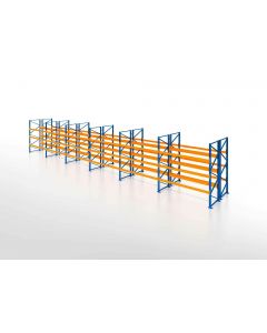 Palettenregal, Doppelregal, 4 Lagerebenen, H3000xB16900xT2x1100 mm, Fachlast 3000 kg, 144 Palettenplätze, Rahmen blau, Traverse orange