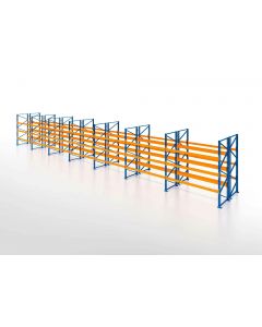 Palettenregal, Doppelregal, 4 Lagerebenen, H2500xB19700xT2x1100 mm, Fachlast 3000 kg, 168 Palettenplätze, Rahmen blau, Traverse orange