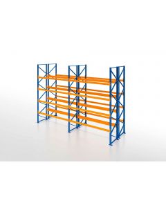 Palettenregal, Doppelregal, 5 Lagerebenen, H5500xB3950xT2x1100 mm, Fachlast 3000 kg, 40 Palettenplätze, Rahmen blau, Traverse orange