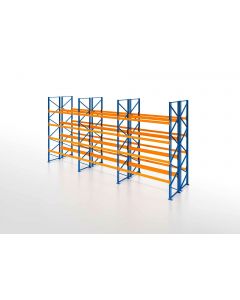 Palettenregal, Doppelregal, 5 Lagerebenen, H7500xB8500xT2x1100 mm, Fachlast 3000 kg, 90 Palettenplätze, Rahmen blau, Traverse orange