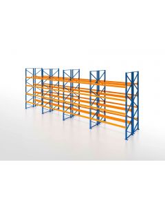 Palettenregal, Doppelregal, 5 Lagerebenen, H3000xB9550xT2x1100 mm, Fachlast 3000 kg, 100 Palettenplätze, Rahmen blau, Traverse orange