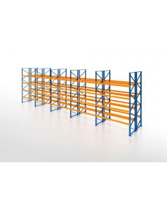 Palettenregal, Doppelregal, 5 Lagerebenen, H3000xB12350xT2x1100 mm, Fachlast 3000 kg, 130 Palettenplätze, Rahmen blau, Traverse orange