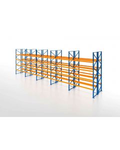 Palettenregal, Doppelregal, 5 Lagerebenen, H3000xB13225xT2x1100 mm, Fachlast 3800 kg, 140 Palettenplätze, Rahmen blau, Traverse orange
