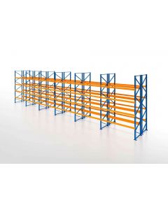 Palettenregal, Doppelregal, 5 Lagerebenen, H6000xB16900xT2x1100 mm, Fachlast 3800 kg, 180 Palettenplätze, Rahmen blau, Traverse orange