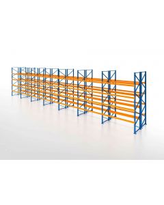 Palettenregal, Doppelregal, 5 Lagerebenen, H3500xB19700xT2x1100 mm, Fachlast 3000 kg, 210 Palettenplätze, Rahmen blau, Traverse orange