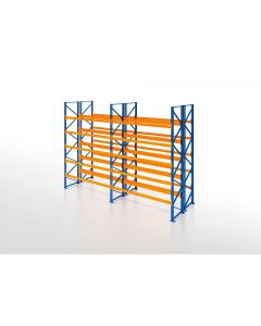 Palettenregal, Doppelregal, 6 Lagerebenen, H3500xB3950xT2x1100 mm, Fachlast 3000 kg, 48 Palettenplätze, Rahmen blau, Traverse orange