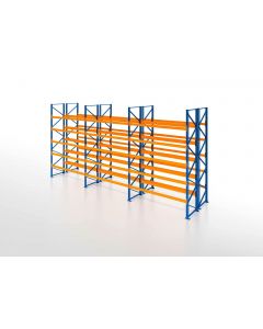 Palettenregal, Doppelregal, 6 Lagerebenen, H3500xB8500xT2x1100 mm, Fachlast 3000 kg, 108 Palettenplätze, Rahmen blau, Traverse orange