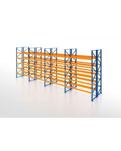 Palettenregal, Doppelregal, 6 Lagerebenen, H3500xB9550xT2x1100 mm, Fachlast 3000 kg, 120 Palettenplätze, Rahmen blau, Traverse orange