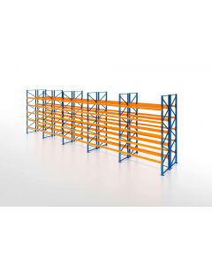 Palettenregal, Doppelregal, 6 Lagerebenen, H3500xB12350xT2x1100 mm, Fachlast 3000 kg, 156 Palettenplätze, Rahmen blau, Traverse orange