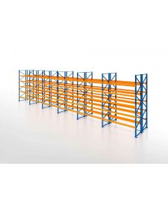 Palettenregal, Doppelregal, 6 Lagerebenen, H3500xB16900xT2x1100 mm, Fachlast 3000 kg, 216 Palettenplätze, Rahmen blau, Traverse orange