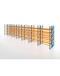 Palettenregal, Doppelregal, 6 Lagerebenen, H3500xB19700xT2x1100 mm, Fachlast 3000 kg, 252 Palettenplätze, Rahmen blau, Traverse orange