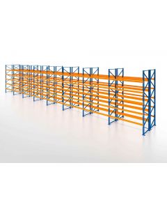 Palettenregal, Doppelregal, 6 Lagerebenen, H3500xB22500xT2x1100 mm, Fachlast 3000 kg, 288 Palettenplätze, Rahmen blau, Traverse orange