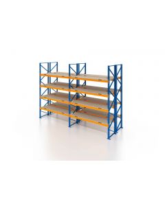 Palettenregal, Doppelregal mit Spanplatten, 5 Lagerebenen, H3000xB3950xT2x1100 mm, Fachlast 3000 kg, 40 Palettenplätze, Rahmen blau, Traverse orange