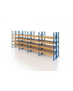 Palettenregal, Doppelregal mit Spanplatten, 5 Lagerebenen, H5500xB9550xT2x1100 mm, Fachlast 3000 kg, 100 Palettenplätze, Rahmen blau, Traverse orange