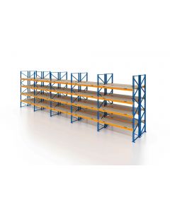 Palettenregal, Doppelregal mit Spanplatten, 5 Lagerebenen, H4500xB13225xT2x1100 mm, Fachlast 3000 kg, 140 Palettenplätze, Rahmen blau, Traverse orange