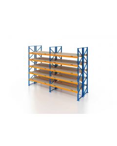 Palettenregal, Doppelregal mit Spanplatten, 6 Lagerebenen, H3500xB4825xT2x1100 mm, Fachlast 3000 kg, 60 Palettenplätze, Rahmen blau, Traverse orange