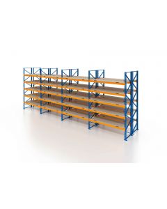 Palettenregal, Doppelregal mit Spanplatten, 6 Lagerebenen, H3500xB9550xT2x1100 mm, Fachlast 3000 kg, 120 Palettenplätze, Rahmen blau, Traverse orange