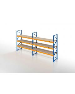 Palettenregal, Einfachregal mit Spanplatten, 4 Lagerebenen, H5500xB7500xT1100 mm, Fachlast 3000 kg, 32 Palettenplätze, Rahmen blau, Traverse orange